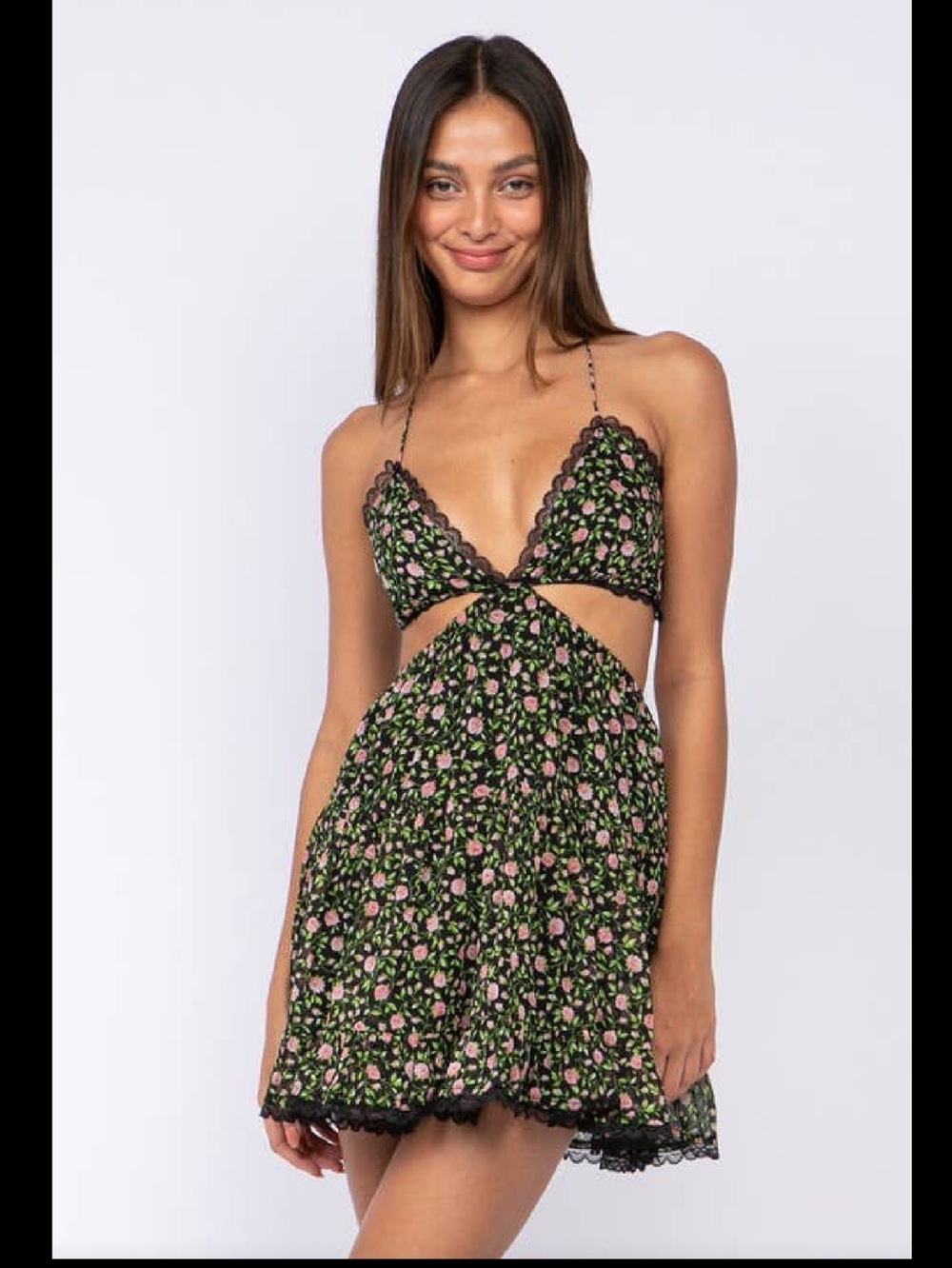 SKY TO MOON Black Floral Cutout Mini Dress with Pink Blossoms 💖💖